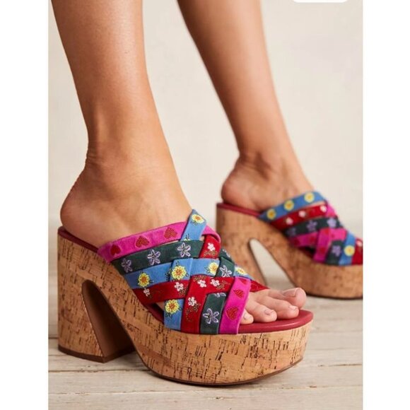 Free People Lisbon Platform Mules Strappy Colourful Suede 9 - Picture 1 of 11
